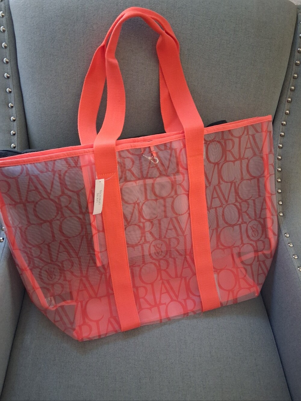 Victoria's Secret Coral Logo Mesh Tote